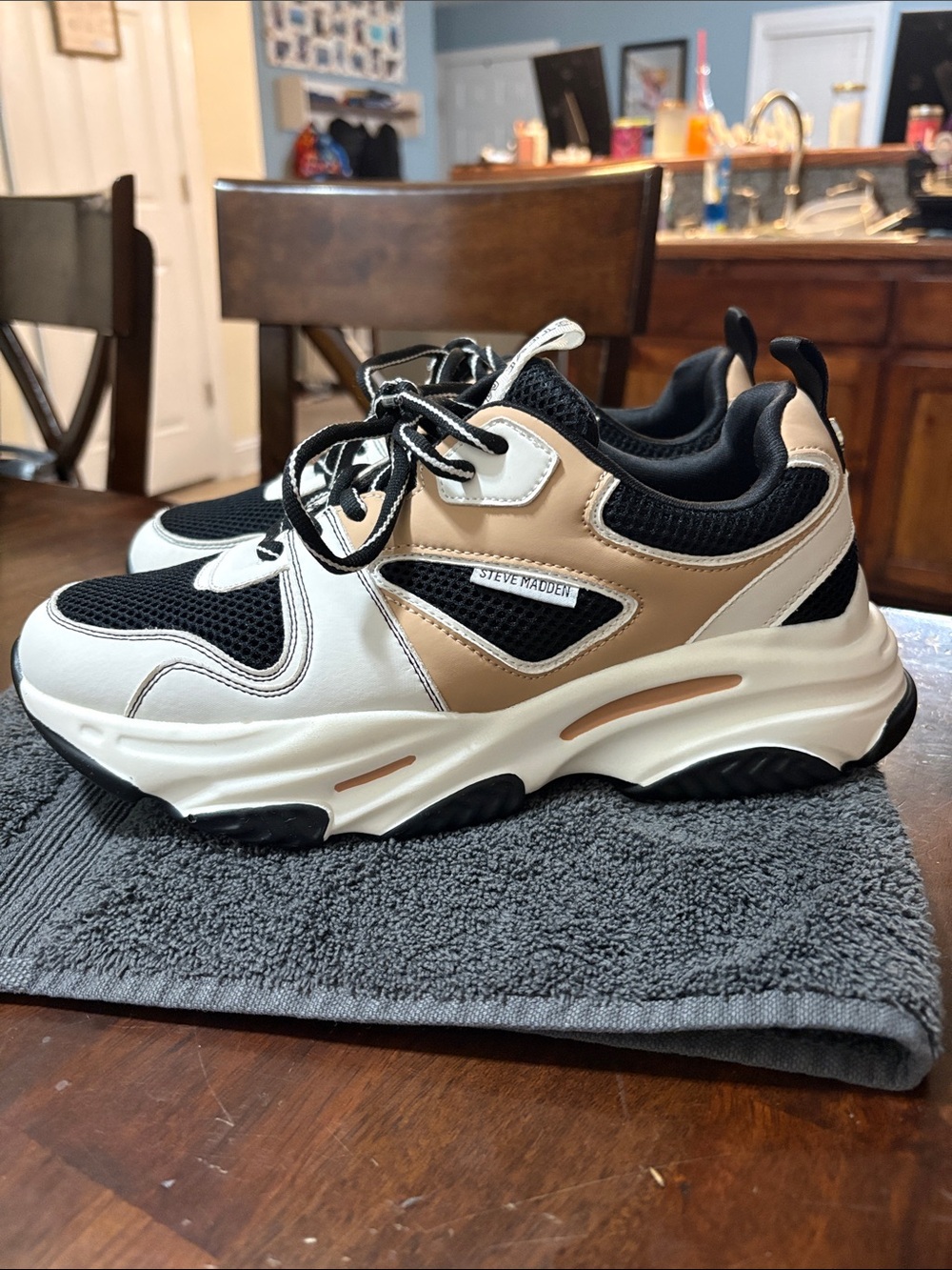 Steve Madden Chunky Lace-Up Sneakers in Black, White & Tan